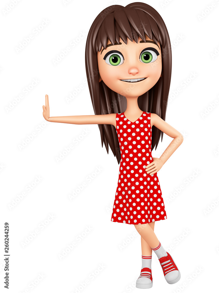 Cartoon character girl in red dress leaned against a white background. 3d rendering. Illustration for advertising. Cartoon character girl in red dress leaned against a white background. 3d rendering. Illustration for advertising.