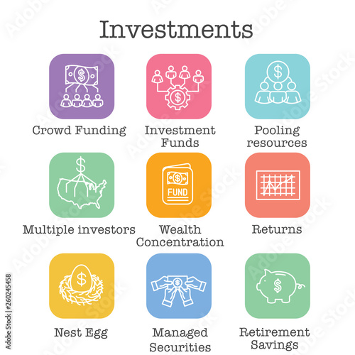 Retirement Investments and Dividend Income, Mutual Fund, IRA Icon set