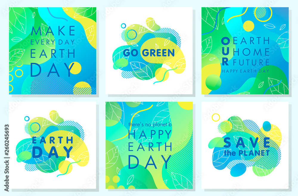 Fototapeta Collection of Earth Day posters with gradient backgrounds,liquid shapes,tiny leaves and geometric elements.Earth Day layouts perfect for prints,flyers,covers,banners design and more.Eco concepts.
