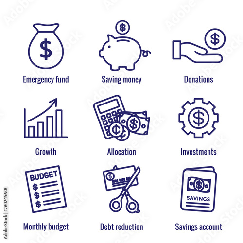 Personal Finance & Responsibility Icon Set with Money, Saving, & Banking options