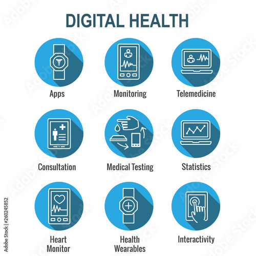 Digital Health Icon Set with Wearable Technology Web Header Banner