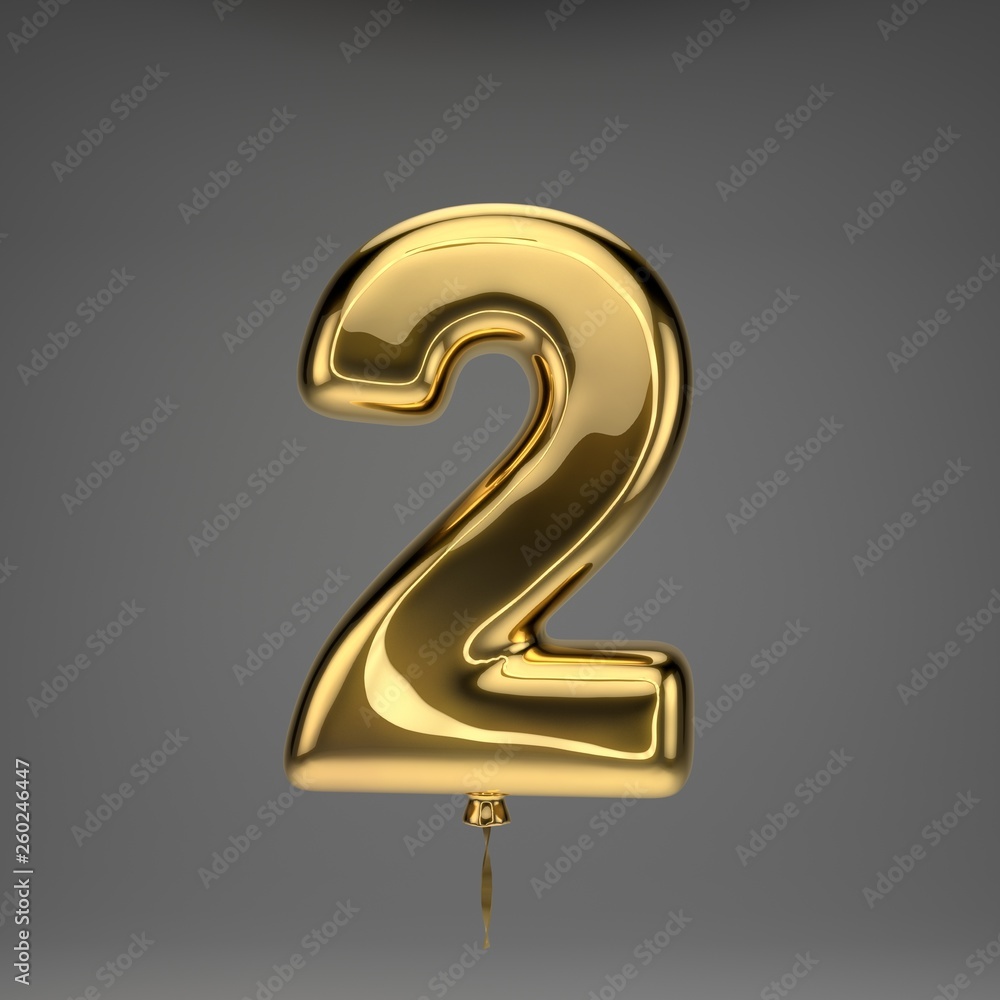 Golden glossy balloon number 2 isolated on dark background