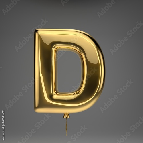 Golden glossy balloon uppercase letter D isolated on dark background