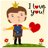Funny Prince in cartoon style with red heart in hand - happy Valentine's day card