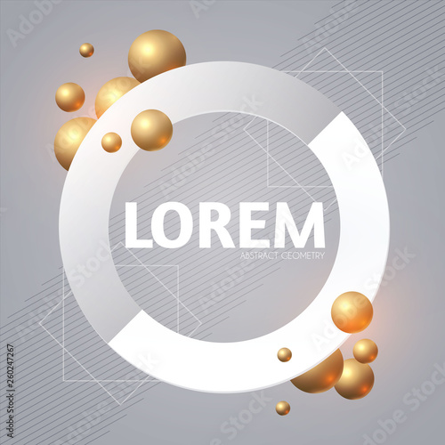 Abstract Paper Banner with 3D Golden Spheres.