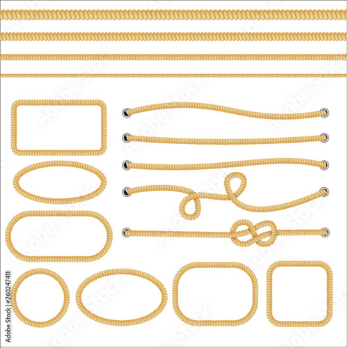 Different rope frames. Nautical knots. Design elements set. Vector illustration.