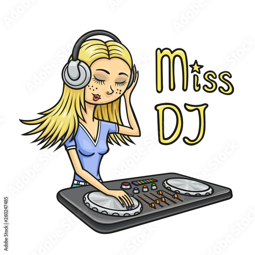 Miss disc jockey plays cool music at the party.