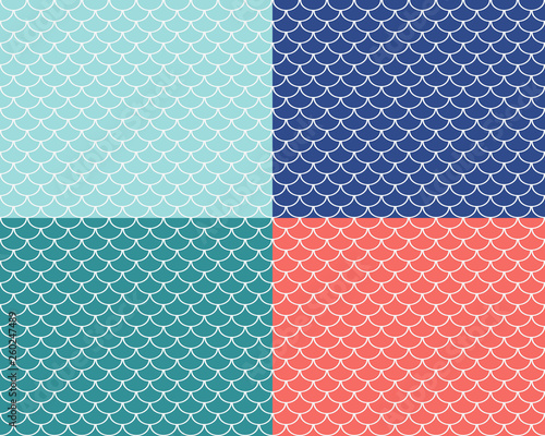 Set of fish scales seamless patterns, colored abstract backgrounds, vector illustration