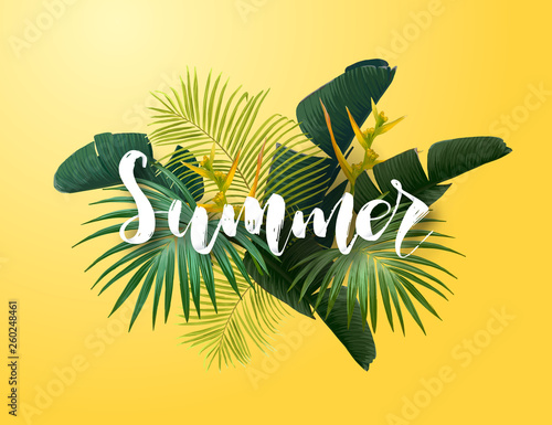 Summer tropical vector design for poster, banner or advertisment with exotic green palm leaves, flowers and handlettering on the bright background.