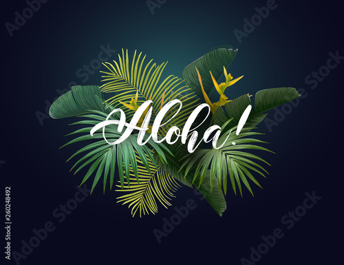 Summer tropical vector design with exotic green palm leaves, flowers and handlettering on the dark background.