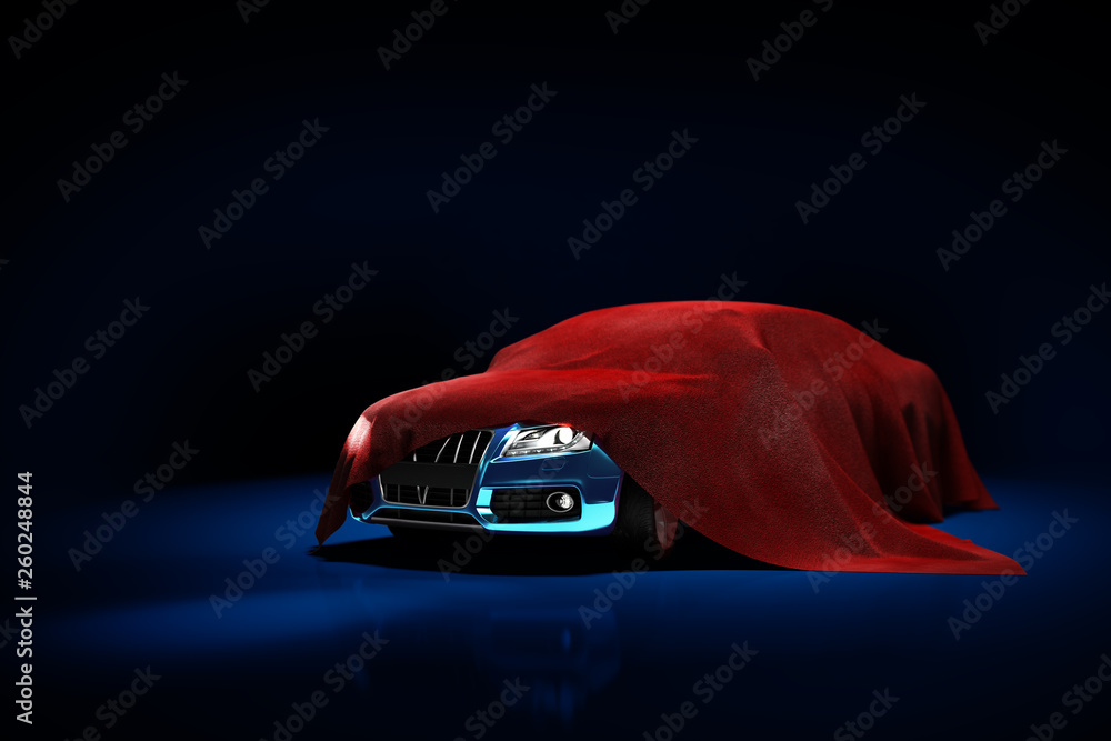 concept of presentation of the car under a red cloth in a darck blue studio 3d rendering Illustration concept of presentation of the car under a red cloth in a darck blue studio 3d rendering Illustration
