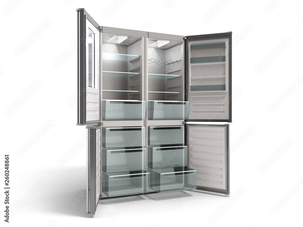 Empty Open Stainless steel modern refrigerator 3d illustration on white background Empty Open Stainless steel modern refrigerator 3d illustration on white background