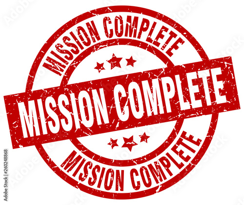 mission complete round red grunge stamp