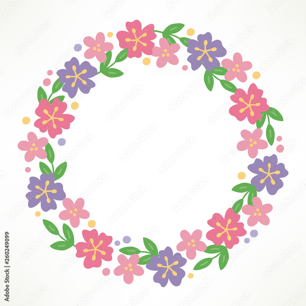 Floral wreath with red, violet, pink flowers and leaves