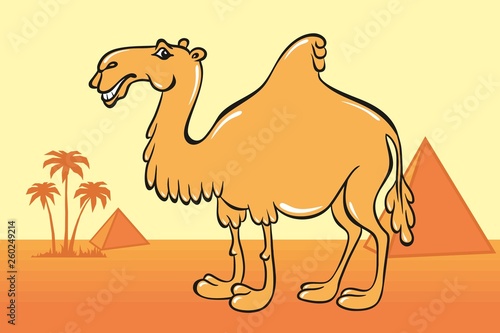 Cute camel cartoon on the background of desert, Egyptian pyramids and palm trees.