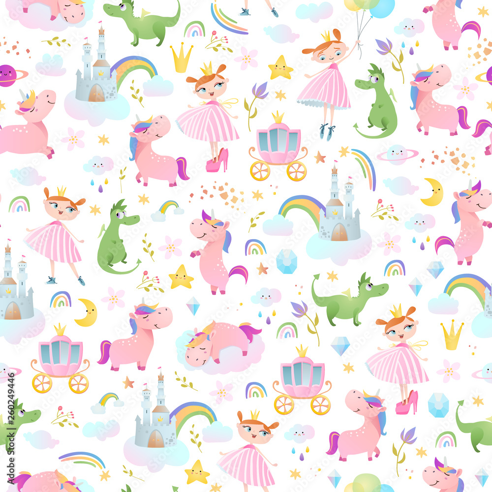 Princesses, dragons and unicorns. Seamless pattern. Princesses, dragons and unicorns. Seamless pattern.