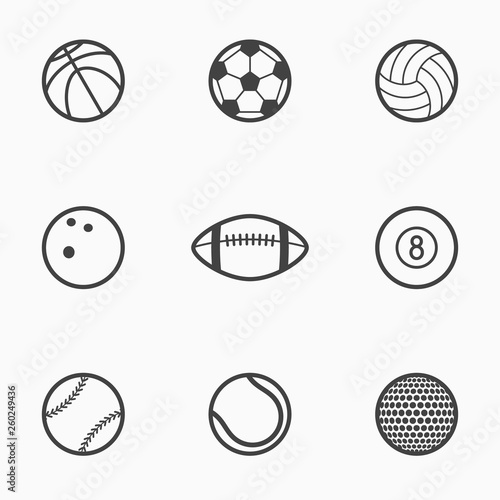 Set of sports balls monochrome icons. Vector illustration.