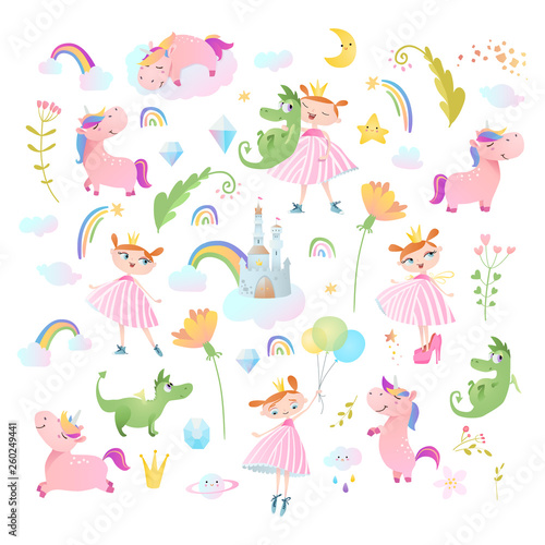 Princesses, dragons and unicorns. Vector collection. 