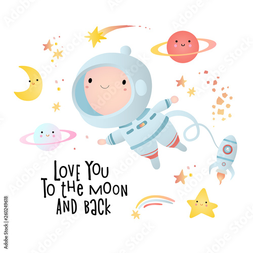 Holiday card design. Baby shower. A little astronaut floating around in open space  among stars and comets.