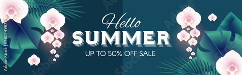 Hello, Summer Tropical Design Template with Palm Leaves and Orchid Flowers.