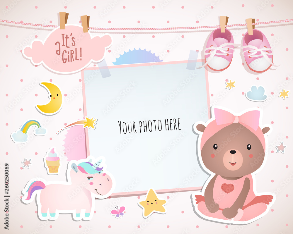 Baby girl shower card. Teddy bear. Arrival card with place for your photo. Baby girl shower card. Teddy bear. Arrival card with place for your photo.