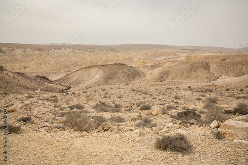 Scenic view of sand, hills and rocks in Negev Desert in Mitzpe Ramon