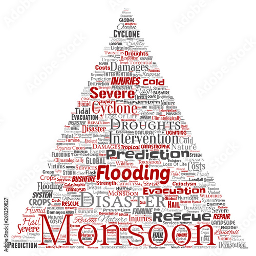 Vector conceptual monsoon dangerous weather triangle arrow meteorology word cloud isolated background. Collage of tropical dramatic storm force, strong wind blowing, rain hail thunderstorm concept