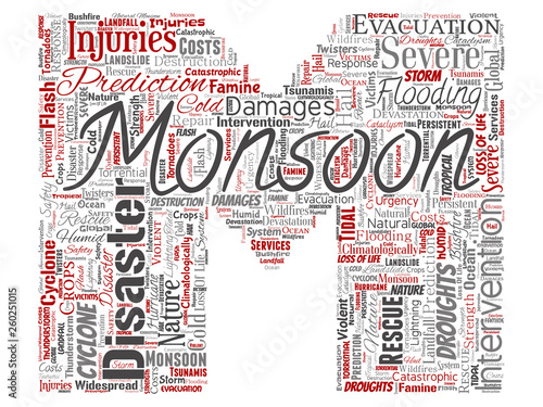 Vector conceptual monsoon dangerous weather letter font M red meteorology word cloud isolated background. Collage of tropical dramatic storm force, strong wind blowing, rain hail thunderstorm concept