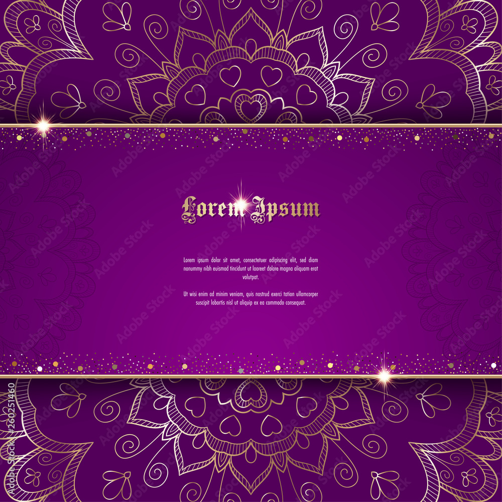 Greeting card or invitation template with golden ornament and confetti. Design for any purposes: wedding, birthday, anniversary or christmas