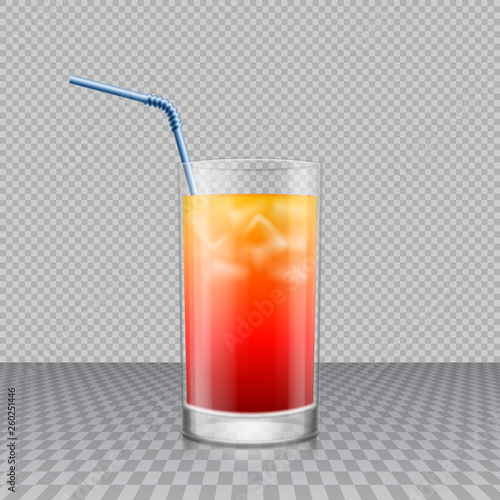 Realistic transparent glass of drink with ice cubes and drinking straw in it