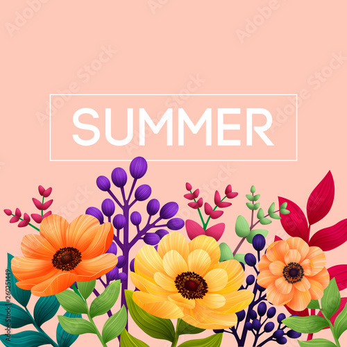 Summer Tropical Design. Template with Leaves and Flowers on pink background. ...