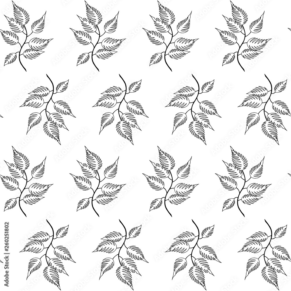 Black and white floral pattern. Hand drawn branches with leaves seamless background. Vector illustration. Black and white floral pattern. Hand drawn branches with leaves seamless background. Vector illustration.