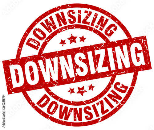 downsizing round red grunge stamp