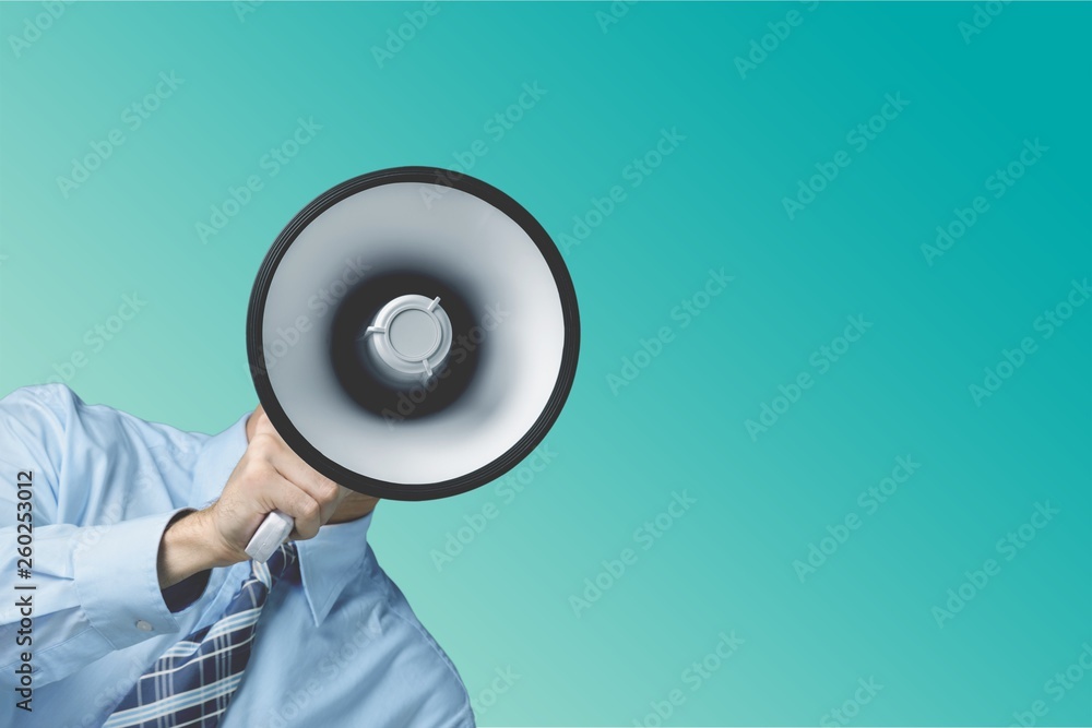 Megaphone using voice advertisement bullhorn public speaker talking men Megaphone using voice advertisement bullhorn public speaker talking men