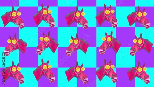  15 dancing hipster horse with lemon on eyes, on an abstract background. Surreal art, contemorary art collage, zine culture.