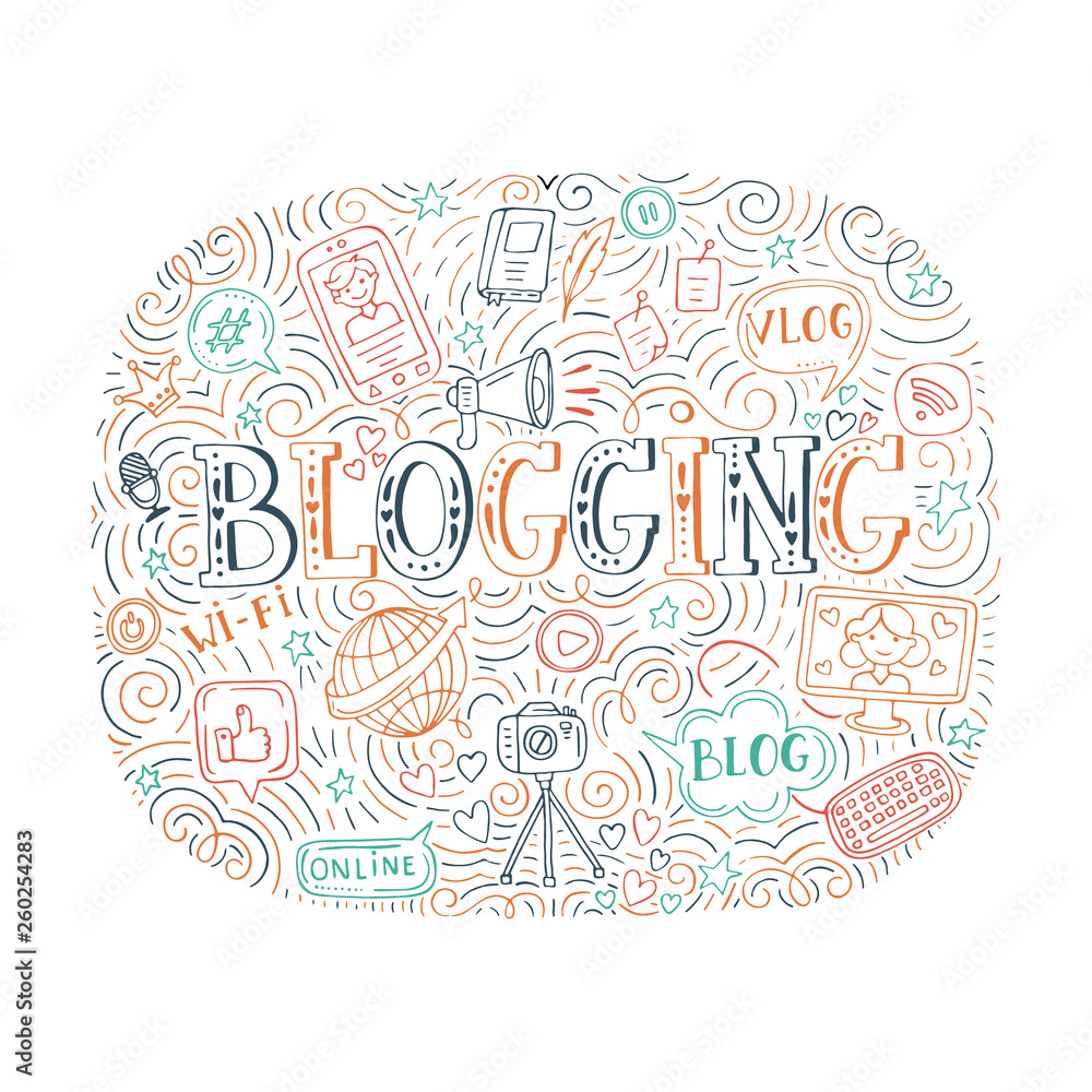 Vector blogging doodle illustration, hand drawn blogging elements