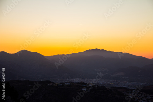 Panoramic view of Pego mountains in Alicante, Spain, at sunset. View from Segaria mountain.