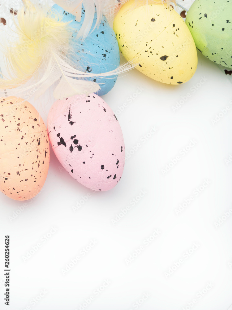 Colorful pastel tone easter eggs, copy space, background for postcard
