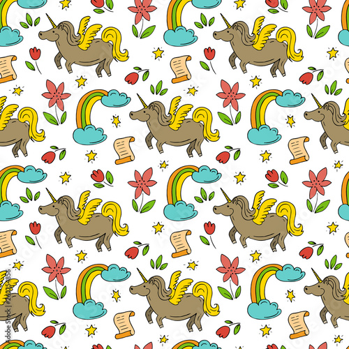 Fairy tales vector seamless pattern on white background