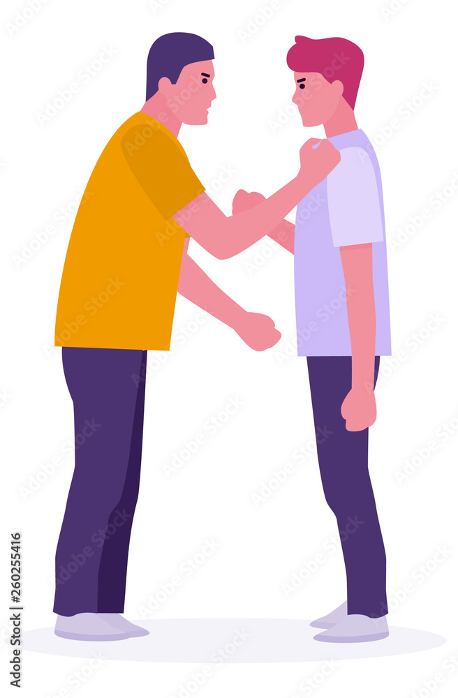 scared smart boy is attacked by thugs. threat to be beaten up by street gang. teenage violence concept. White background. Vector illustration in a flat cartoon style scared smart boy is attacked by thugs. threat to be beaten up by street gang. teenage violence concept. White background. Vector illustration in a flat cartoon style