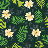 Seamless tropical pattern palm leaves and flower
