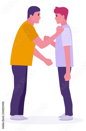 scared smart boy is attacked by thugs. threat to be beaten up by street gang. teenage violence concept. White background. Vector illustration in a flat cartoon style