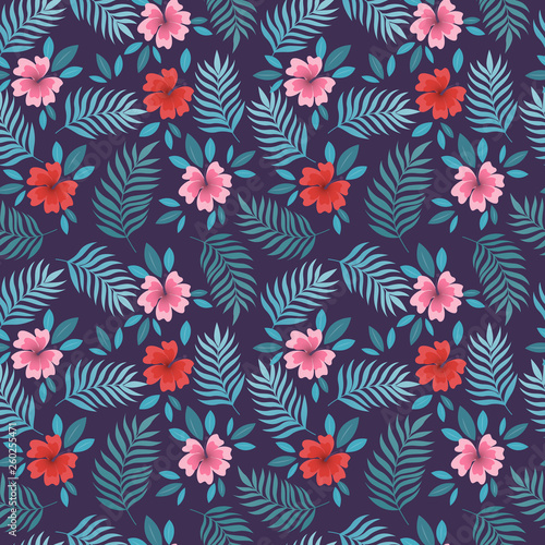 Seamless tropical pattern palm leaves and flower