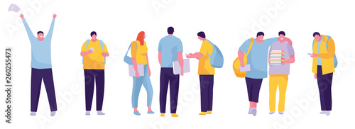 Group of students smiling and standing together. White background. Vector illustration in a flat cartoon style