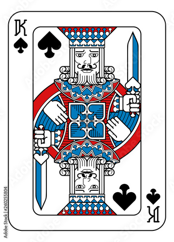 A playing card king of Spades in red, blue and black from a new modern original complete full deck design. Standard poker size.