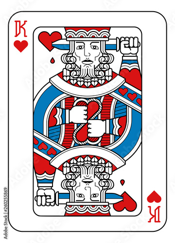 A playing card king of hearts in red, blue and black from a new modern original complete full deck design. Standard poker size.