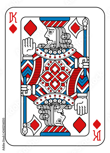 A playing card king of Diamonds in red, blue and black from a new modern original complete full deck design. Standard poker size.