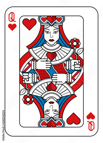 A playing card Queen of hearts in red, blue and black from a new modern original complete full deck design. Standard poker size.