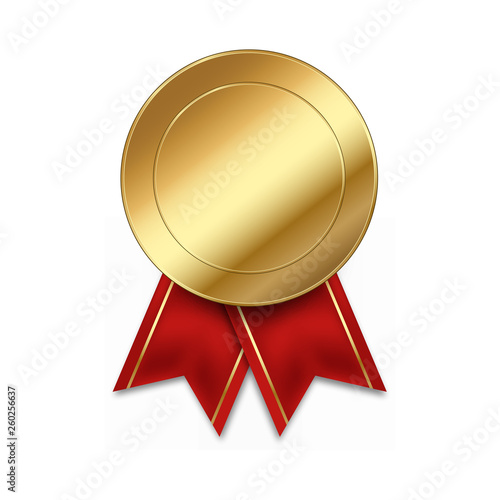 Empty gold medal winner first place with red ribbons isolated on white background