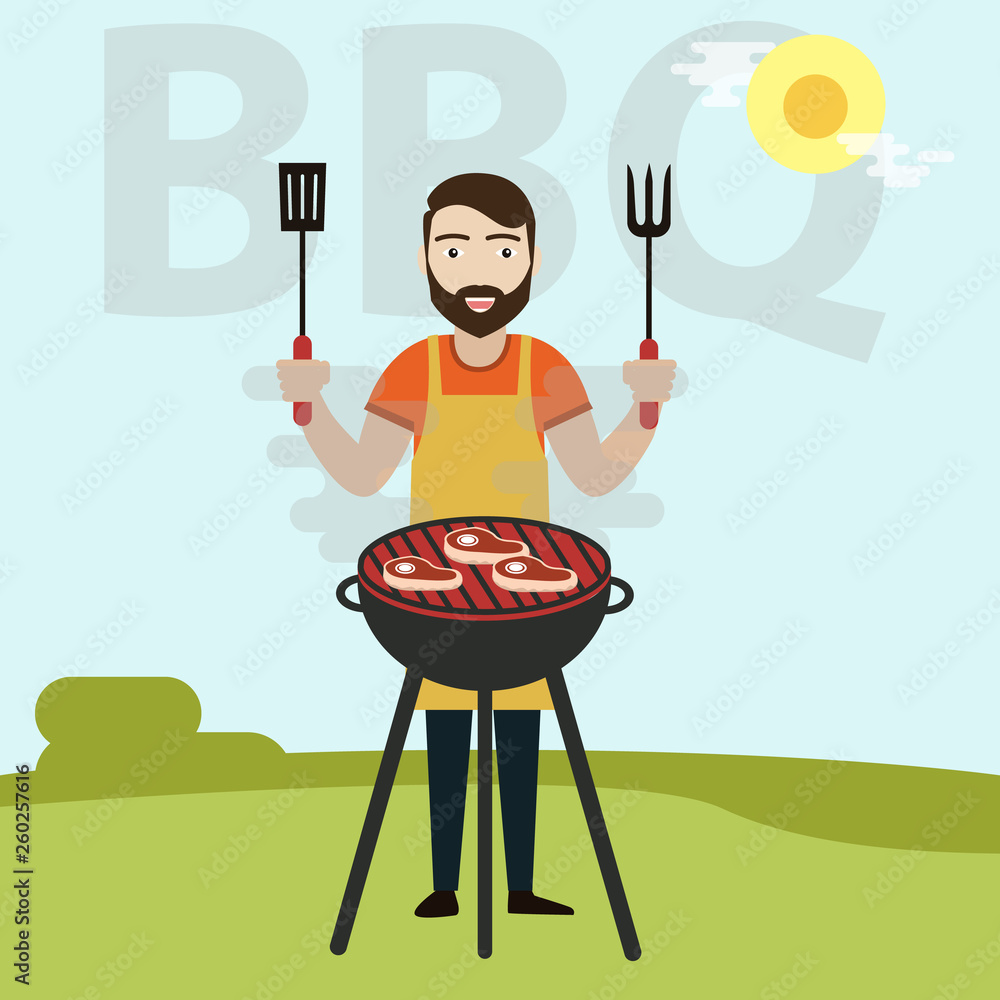 BBQ Cooking Vector. Man Cook Grill Meat On Bbq. Cartoon Character  Illustration - Vector Stock Vector | Adobe Stock